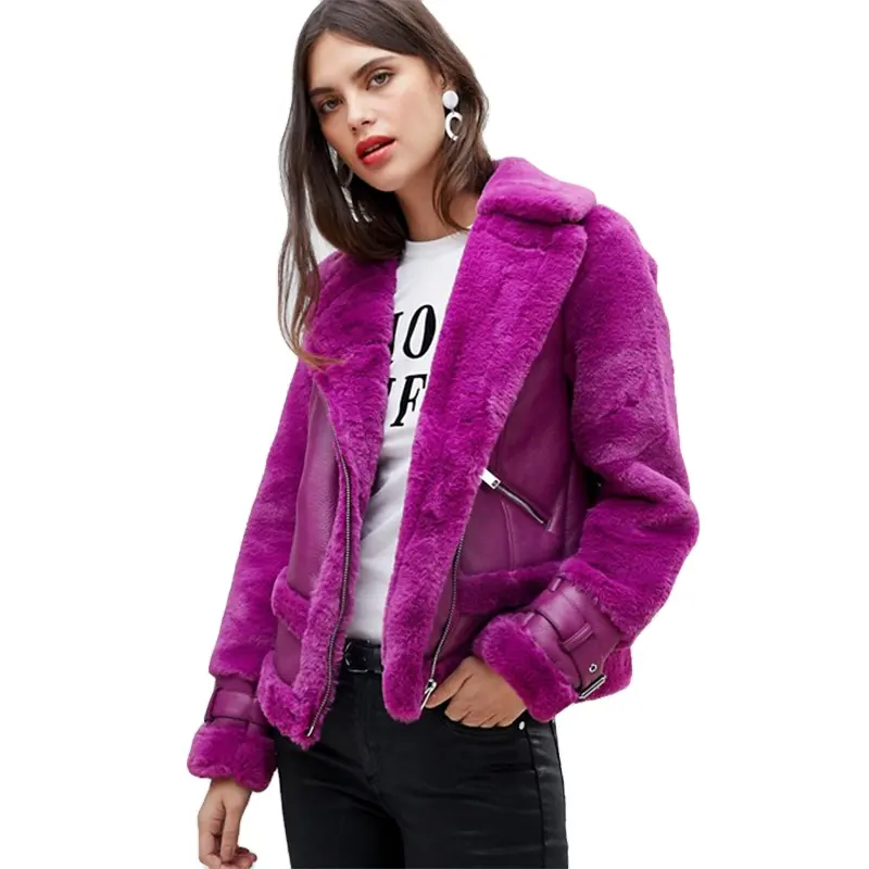 KY women purple faux fur Notch lapels Zip fastening Adjustable cuffs Functional pockets aviator jacket