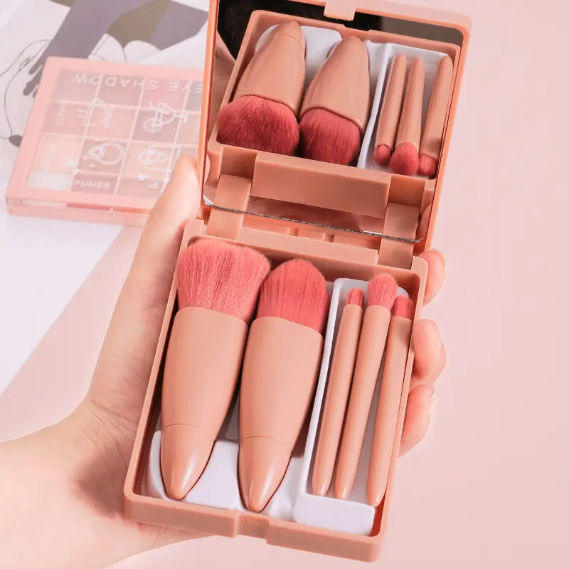 Set kuas Makeup, 5 buah casing cermin portabel perjalanan dengan cermin