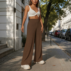 <span class=keywords><strong>Pantaloni</strong></span> Larghi da Donna <span class=keywords><strong>a</strong></span> Vita Alta Elasticizzata, in Tessuto <span class=keywords><strong>a</strong></span> Costine, Marrone, Vestibilità Ampia, Lunghezza Intera, Casual, Estivi, Streetwear - Product Image 1