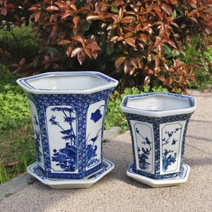Maceta china tradicional con diseño de cuatro estaciones Maceta de porcelana hexagonal azul y blanca Maceta de jardín pintada <span class=keywords><strong>a</strong></span> <span class=keywords><strong>mano</strong></span> - Product Image 3