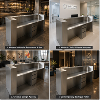 Comptoir de réception moderne en acier inoxydable industriel, comptoir de service de bureau en métal brossé pour restaurant