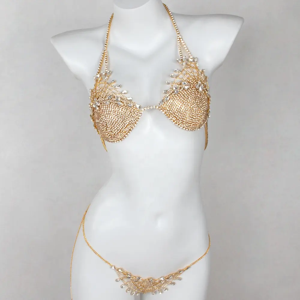 Parlak taklidi seksi göğüs braketi çiçek desen göğüs zincirleri Bikini basit göbek takısı