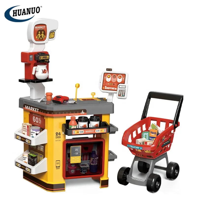 Aggiornato 54PCS supermercato gioco di ruolo Set simulazione cucina cibo giocattoli per bambini bambini in plastica Super mercato con carrello della spesa