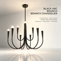Lustre moderne noir à branches courbées, 9 lumières, ampoules apparentes, lampe suspendue pour salle à manger, salon, villa, hôtel, décoration