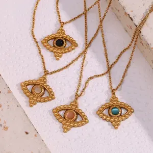 Vintage Natural Stone Evil Eye Necklace 18K Gold Plated Stainless Steel Non Tarnish Jewelry