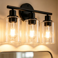 Lampe murale élégante pour salle de bain, en fer noir mat, 3 lumières, abat-jour en verre transparent, montage mural, lampes pour miroir