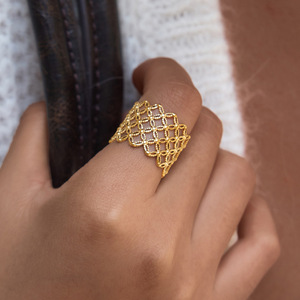 Stainless Steel Wide Lace Filigree <b>Ring</b> for Women,Vintage Hollow Mesh Lattice Gold Statement Band - Product Image 1