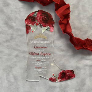 <span class=keywords><strong>Invitation</strong></span> en forme de botte acrylique de roses bourgogne pour la fête d'anniversaire de coing - Product Image 1