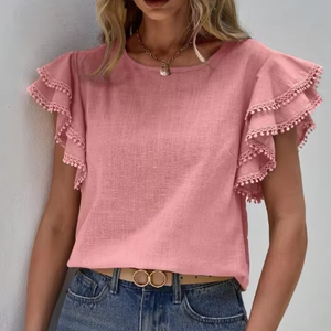 Camicia <span class=keywords><strong>a</strong></span> <span class=keywords><strong>maniche</strong></span> corte estiva Casual da donna <span class=keywords><strong>a</strong></span> girocollo europeo e americano 2025 camicia <span class=keywords><strong>a</strong></span> <span class=keywords><strong>pipistrello</strong></span> <span class=keywords><strong>con</strong></span> foglie di loto - Product Image 1