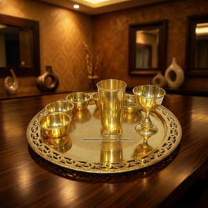 Ensemble de thali en laiton écologique, nouveauté, avec incrustation dorée et finition émaillée, comprenant 1 assiette, 2 verres et 5 bols, vaisselle de mariage - Product Image 2