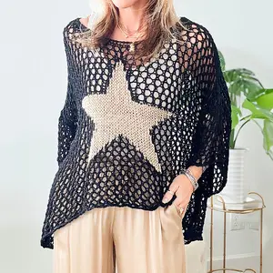 2024 Shewin boutique women clothing wholesale custom Logo Black Star Graphic Crochet Knitted Summer Sweater Top