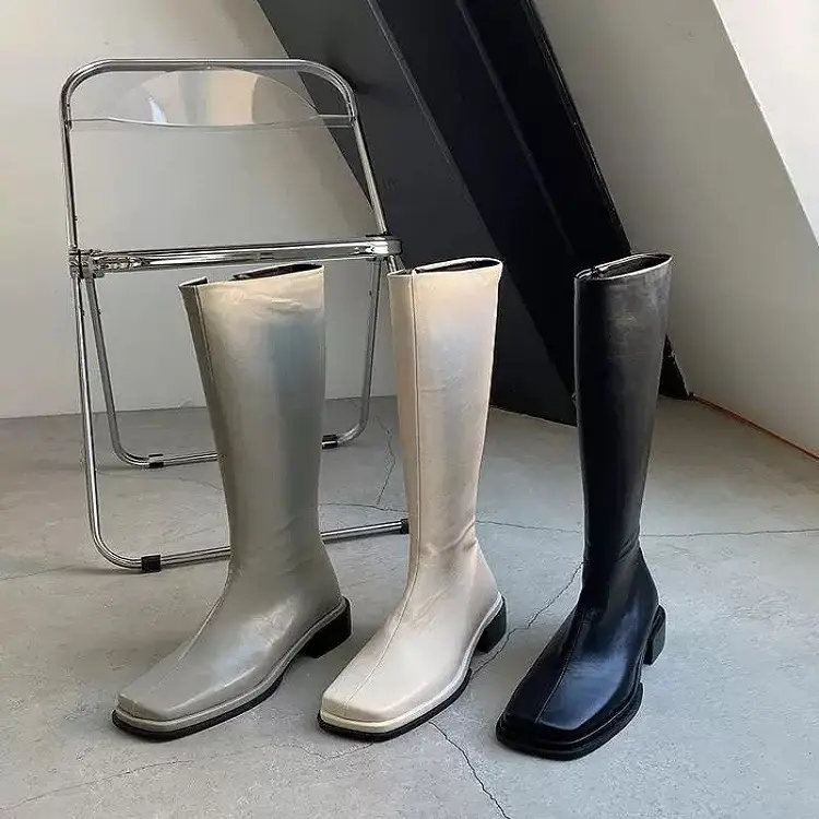 Botas hasta la rodilla con cremallera de cuero para mujer, nuevo diseño personalizado