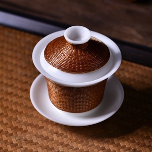 Bamboo Woven Teacup Porcelain Lidded Bowl Traditional Chinese Kung Fu <b>Tea</b> <b>Set</b> Afternoon <b>Tea</b> Master Cup Cylinder Shape - Product Image 1