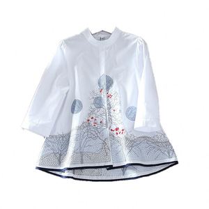 Chemisiers pour femmes en coton, à manches trois-quarts, avec broderie florale de style littéraire et motifs industriels, Nouveauté Printemps <span class=keywords><strong>2022</strong></span>, Vente en gros - Product Image 5