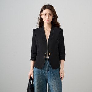 Women's Collarless Blazer Beige Slim Fit Anti-Wrinkle Solid Color Polyester Worsted Spring Autumn Street Style Chic - Product Image 3