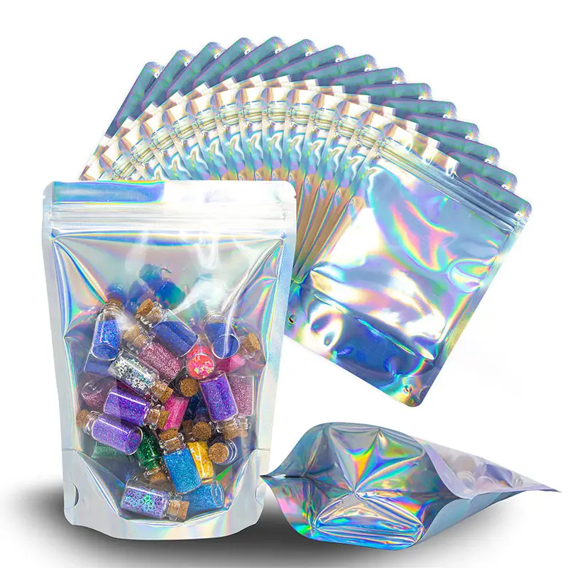 Clear Front Foil Back Iridescent Food Zip Lock Bags Resealable Holographic Stand Up Pouches Smell Proof Mylar Bags With Window