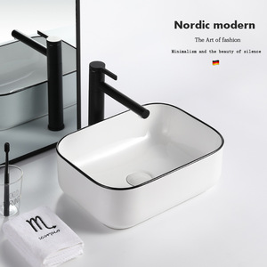 Ceramic Countertop <b>Basin</b> <b>Round</b> White With Black Rim Single Sink For Bathroom Easy Cleaning - Product Image 3
