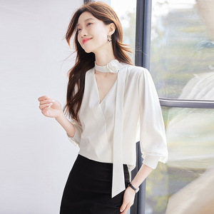 White V-neck Long Sleeve Shirt With Wrap Tie Satin Blouse For Commuting Women Spring Summer Elegant Style Q9970 - Product Image 1