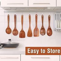 Ensemble d'ustensiles de cuisine en bois de teck naturel 9 pièces avec cuillères à prise confortable, louche et repose-cuillère - Durable, compatible lave-vaisselle et micro-ondes