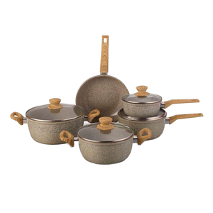 Juego de 9 utensilios de cocina antiadherentes de granito, ollas y sartenes de aluminio con asas de imitación madera y tapas de vidrio - Product Image 1