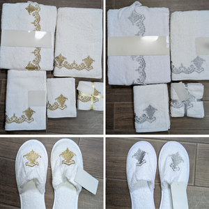 Ensemble de salle de bain ultra-luxe brodé pour célébrer la vie : peignoirs, serviettes, pantoufles, 100% coton indien de qualité supérieure - Product Image 4