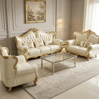 Ensemble de canapés en cuir de style européen de luxe, cadre en bois sculpté doré classique, meubles de salon, canapé pour maison, villa, hôtel