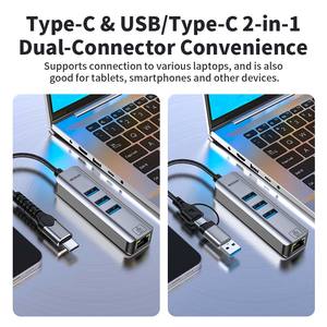 Type C/USB 2 in 1 ハブ、5G イーサネット 3ポート USB 3.2 スプリッター、RJ45 ギガビット ネットワークアダプター、編組ケーブル、MacBook、ラップトップ、PC用 - Product Image 5