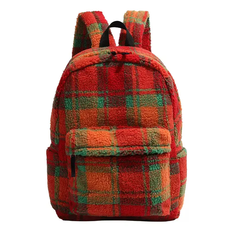 Winter Wool Fur Lambsool Plaid Casual Sports Backpack For Teenager Backpack Student Plush backpack School Bag