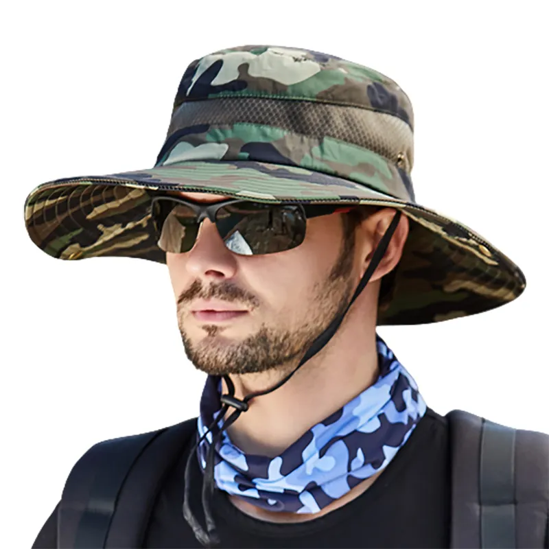 Topi Safari kamuflase pria, topi pelindung matahari, topi Bucket memancing dengan Logo kustom untuk pria