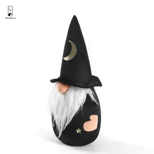 Halloween Decor Black Wizard With Hat Tumbler Toy Velvet Moon Star Embroidery Cushion Pillow For Home Sofa