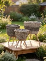 Panier à plantes autoportant en jute tressé, forme conique avec support trépied en bois, pot de fleurs d'intérieur