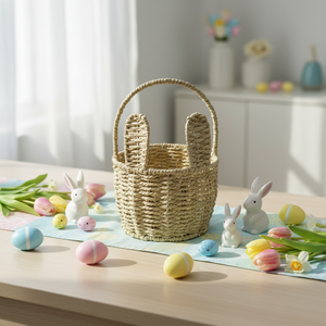 Panier de Pâques en corde de <span class=keywords><strong>papier</strong></span> tissée, nouveau <span class=keywords><strong>design</strong></span>, vente chaude, poignées, couvercle, écologique, pour le rangement des bonbons, décoration de vacances de Pâques - Product Image 2