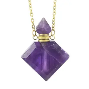 HZ Stones And Crystals Fashion Square Shape Natural Amethyst Gemstone Perfume Bottle Pendant Purple Healing Crystal Pendant Gem Stones