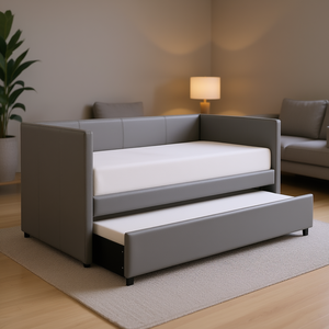 Divano letto grigio in similpelle con letto estraibile, mobile moderno imbottito in legno per soggiorno - Product Image 2