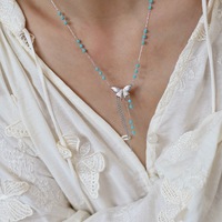 Collier ras du cou vintage avec pendentif papillon, perles bleues, chaîne en câble, acier inoxydable plaqué or 18 carats, strass, pour femme, usage quotidien