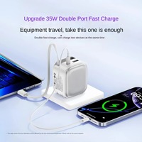Cargador de Escritorio Universal GaN de 35W con Cable Tipo-C Retráctil Integrado, Carga Rápida PD 3 en 1 Multi-Puerto para Teléfono