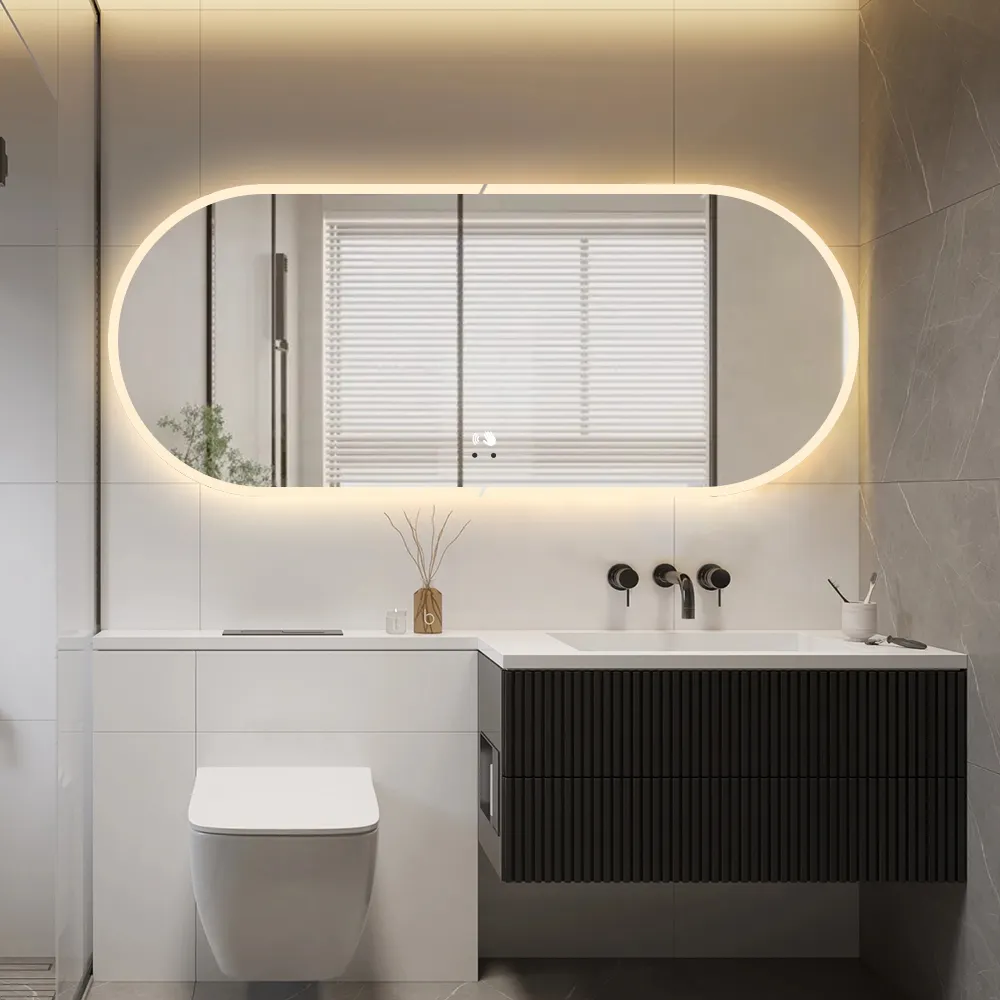 Espelho inteligente para banheiro, luz LED oval especial antiembaçante, luz de fluxo antiembaçante, tempo e temperatura, personalizado