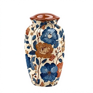 Urne ronde moderne en métal avec couvercle, bleu et marron, vase décoratif de table, pot, objet d'art fini à la main - Product Image 1