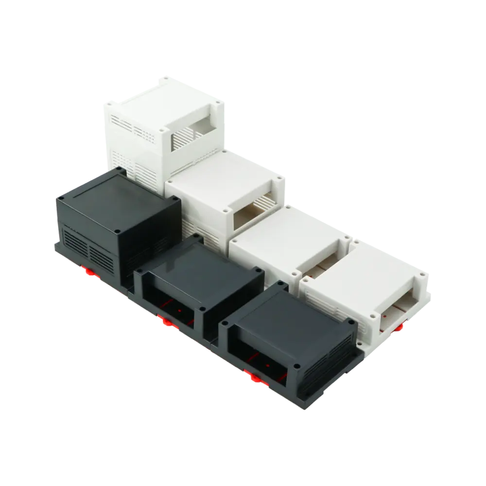 พลาสติก ABS สีดำ UL94-V0วัสดุทนไฟ Din Rail PCB กล่องติดตั้งสำหรับอุปกรณ์อิเล็กทรอนิกส์