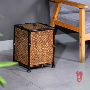 Bamboo Woven Trash Can Square With Lid Household Indoor Waste Bin Tea Room Accessory - Product Image 1
