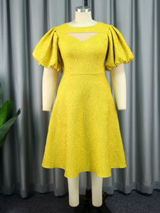 <span class=keywords><strong>Amarillo</strong></span> O cuello dulce una línea Jacquard Puff manga vestidos casuales - Product Image 2