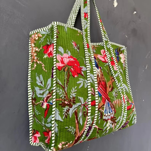 Bolso de Mano Acolchado de Algodón con Estampado de Bloques, Funcional para Oficina, Mercado, Salidas Casuales, Viajes y Compras - Product Image 1