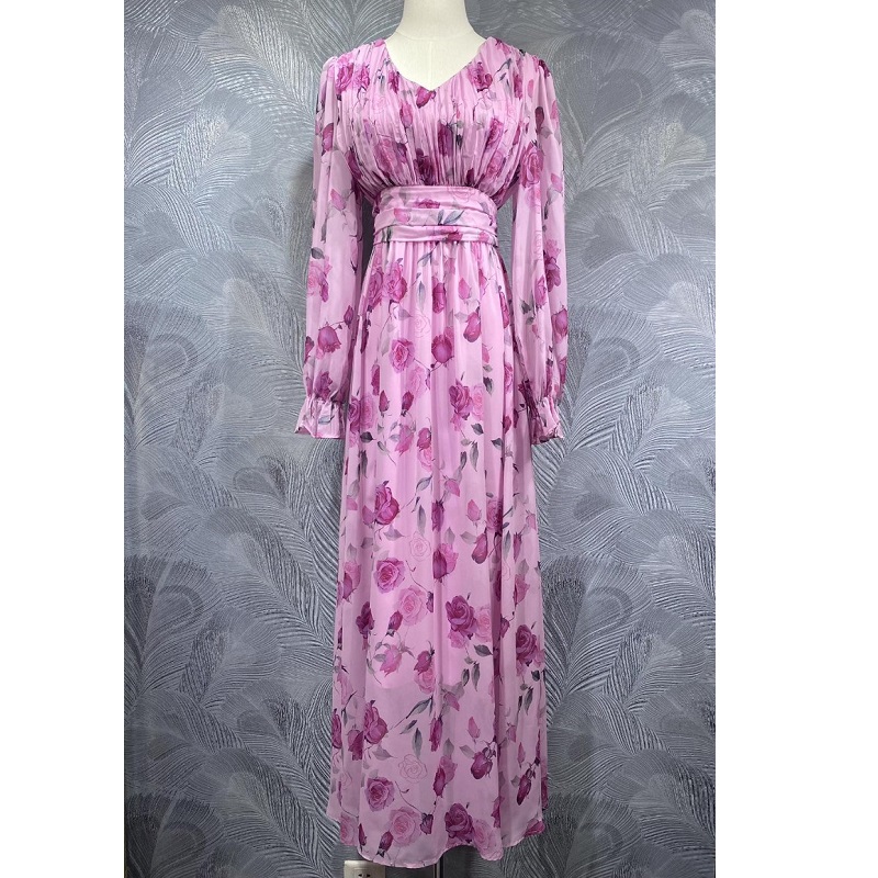 Bohemian Beach Long Dress 2025 Summer Lady V-Neck Charming Floral Print  High Waist Long Sleeve Sweet Pink Black Long Maxi Dress| Alibaba.com