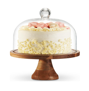 Support à gâteau en bois 2 en 1 avec dôme en verre - Plateau de service multifonction et plateau à fromage pour la décoration de la maison et les cadeaux - Product Image 1