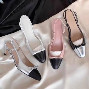 Sandalias de tacón de aguja con lazo de cuero genuino de lujo para mujer, estilo francés, con punta cerrada y diseño de bloques de color, sin espalda, moda de verano 2026 - Product Image 3