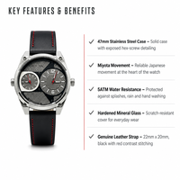 Montre pour homme à double fuseau horaire, boîtier en acier poli, bracelet en cuir véritable avec maille ajourée, style industriel décontracté, étanche