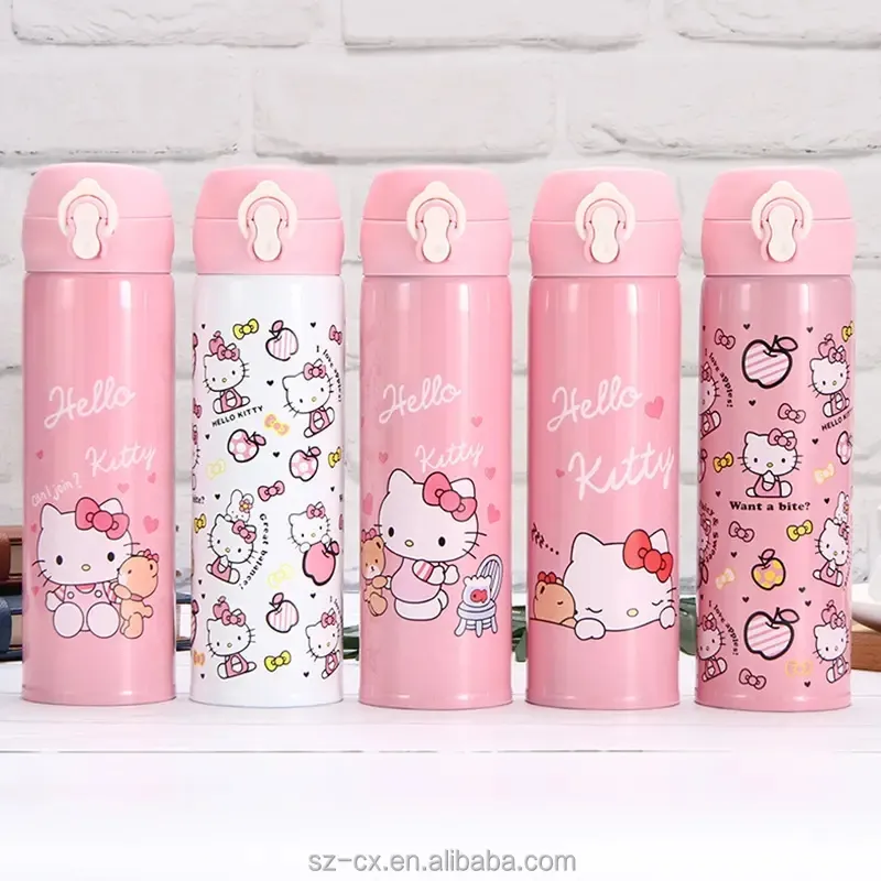 Niños Kawaii dibujos animados aislado termo Gourde a prueba de fugas 500ml vacío 304 Acero inoxidable rosa en blanco gatito botella de agua caliente