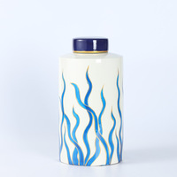 Boîte à thé moderne Boîte à thé en céramique dorée avec peinture aux algues bleues Bocaux de stockage couvercles pour distributeur de bonbons et céréales Rangement décoratif