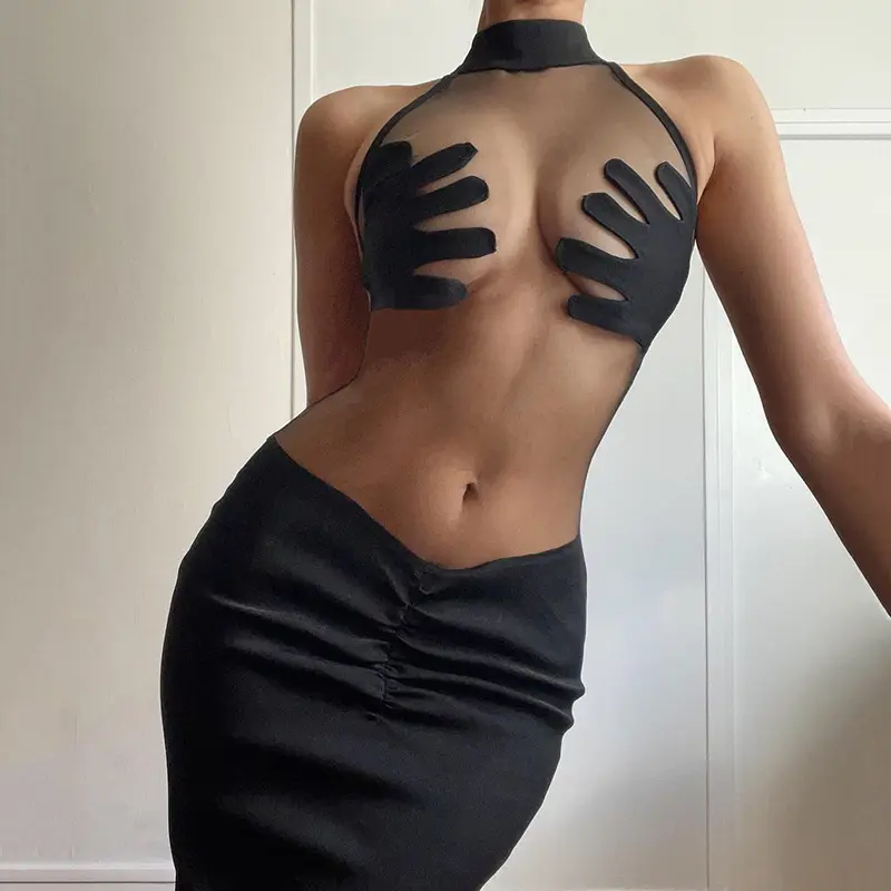 Undefined Cut Out Y2K örgü elbise 2022 See Through Halter Mini elbiseler kadın yaz seksi Mini ince giysiler son elbiseler