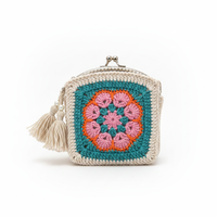 Dompet Koin Rajut Granny Square Bohemian Grosir, Tas Mini Rajut Bunga Vintage dengan Ritsleting NF